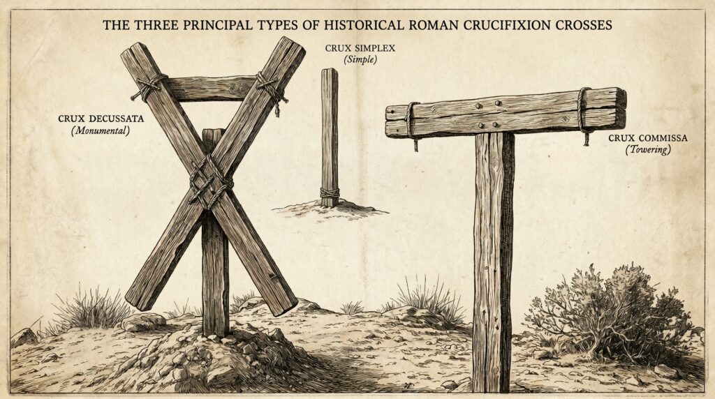 Tres tipos principales de cruces romanas.